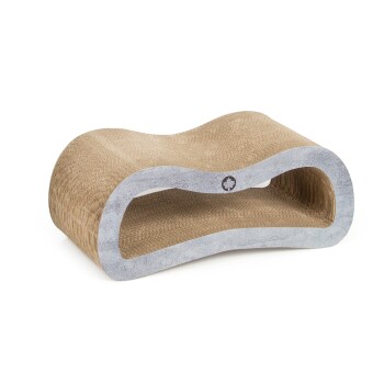 Gekrümmter Katzenkratzbaum aus natürlichem Sisal mit einer hellgrauen Basis, entworfen zum Kratzen und Entspannen.