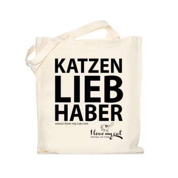 Cremfarbener Tragetasche mit fettem schwarzen Text: "KATZEN LIEB HABER" und "www.i-love-my-cat.com," plus "I love my cat NATURAL CAT FOOD"-Logo.