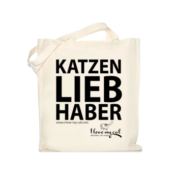Cremfarbener Tragetasche mit fettem schwarzen Text: "KATZEN LIEB HABER" und "www.i-love-my-cat.com," plus "I love my cat NATURAL CAT FOOD"-Logo.