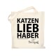 Cremfarbener Tragetasche mit fettem schwarzen Text: "KATZEN LIEB HABER" und "www.i-love-my-cat.com," plus "I love my cat NATURAL CAT FOOD"-Logo.