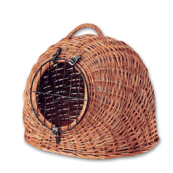 Geflochtener Korb für Haustiere mit einer runden Metallgittertür, entworfen für kleine Tiere, mit einem stabilen Griff oben.