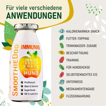 Glasflasche SmoothieDog mit Aufschrift 'IMMUNIO Immun Boost Snack für jeden Hund' neben der Überschrift 'ANWENDUNGEN' und Symbolen.
