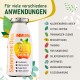 Glasflasche SmoothieDog mit Aufschrift 'IMMUNIO Immun Boost Snack für jeden Hund' neben der Überschrift 'ANWENDUNGEN' und Symbolen.