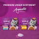 Whiskas Aromatic Selection Haustierfutterboxen mit einer grauen Katze, mit dem Text "PROBIERE UNSER SORTIMENT" und "Vorratspack" auf einem lila Hintergrund.