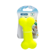 Helles gelbes Hundespielzeug in Form eines Knochens, verpackt mit einem bunten Hintergrund, der einen kleinen Hund zeigt.
