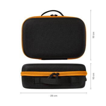 Schwarzes, strukturiertes Hartschalen-Trageetui mit orangefarbenem Reißverschluss und Tragegriff oben; Maße: 26 cm × 19 cm × 10 cm.