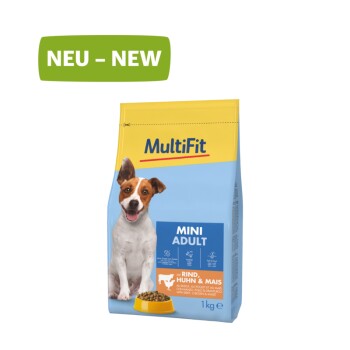 Hundefutterbeutel mit der Aufschrift "MultiFit Mini Adult", der einen lächelnden Hund zeigt, mit Text, der angibt, dass es Rindfleisch, Huhn und Mais enthält.