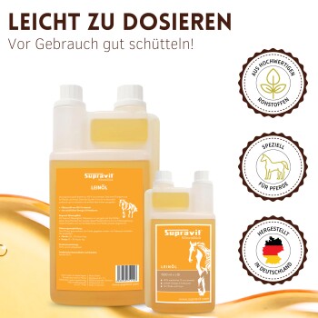 Braunes Pferd spielt im Schnee mit einer Supravit Leinöl Ergänzungsflasche und dem Text „Glänzendes Fell“ darunter.