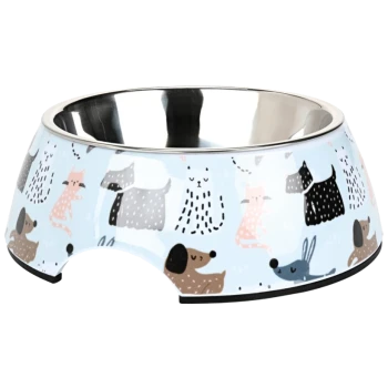 Un bol de nourriture pour animaux coloré avec un fond bleu clair orné d'illustrations ludiques de divers chiens et chats.