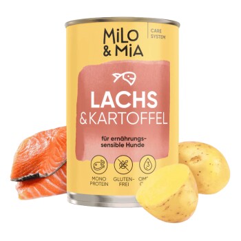 Dose Milo & Mia Hundefutter mit Lachs und Kartoffel, gekennzeichnet mit 'LACHS und KARTOFFEL', mit Symbolen für Immunbooster, Darmgesundheit und Gelenkunterstützung.