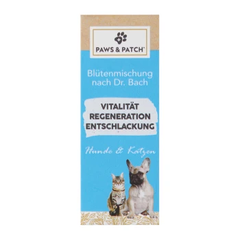 Paws & Patch Produktverpackung mit einer Katze und einem Hund, beschriftet mit "Vitalität Regeneration Entschlackung" für Hunde und Katzen.
