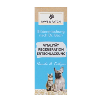 Paws & Patch Produktverpackung mit einer Katze und einem Hund, beschriftet mit "Vitalität Regeneration Entschlackung" für Hunde und Katzen.