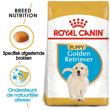 Royal Canin puppyvoer voor Golden Retrievers, met een puppy op de zak en tekst over voeding voor het ras en immuunondersteuning.