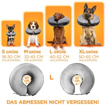 Vier Hunde in aufblasbaren Kragen: S (18-30 cm), M (32-45 cm), L (40-52 cm), XL (50-65 cm). Text: "DAS ABMESSEN NICHT VERGESSEN!"