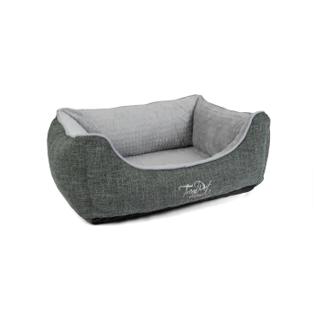 Graues Haustierbett mit einem weichen, gesteppten Innenraum und einem stilvollen Design, mit dem Text "TrendPet" auf der Vorderseite.