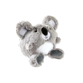 Rundes graues Plüsch-Koala-Spielzeug mit weißem Bauch, schwarzer Nase und dunkelgrauen Pfotenballen
