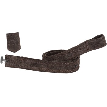 Braune Wildleder-Haustierleine mit einem Metallclip, ausgestattet mit einem kleinen Anhänger mit dem Logo "QUINATE".
