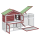 Holzhaustierhaus mit grünem, geneigtem Dach, mehreren Zugangstüren und Netzpaneelen zur Belüftung, entworfen für kleine Tiere.