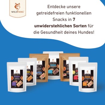 Getreidefreie Snacks für Hunde in 7 Sorten, präsentiert in verschiedenen Verpackungen mit dem Logo von Wildfang.
