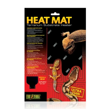 Chauffage de substrat Terrarium 8 W Tapis chauffant pour le substrat de terrarium, présentant des images d'un dragon barbu, d'un gecko et d'un serpent. Le texte comprend "SMALL 8W" et "ULTRA THIN."