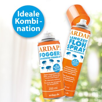 Bild von ARDAP Schädlingsbekämpfungsprodukten: einem Nebelgerät und einem langanhaltenden Flohspray, beschriftet auf Deutsch, mit einem blauen Kreis, der 'Ideale Kombination' angibt.