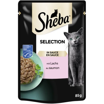 Selection in Sauce 28x85 g Lachs Sheba Katzenfutterbeutel mit einer grauen Katze, mit einer Schüssel Lachs in Sauce, beschriftet mit "Selection in Sauce" und "mit Lachs au saumon", 85g.