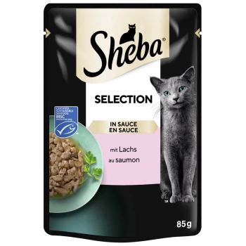 Sheba Katzenfutterbeutel mit einer grauen Katze, mit einer Schüssel Lachs in Sauce, beschriftet mit "Selection in Sauce" und "mit Lachs au saumon", 85g.