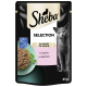 Sheba Katzenfutterbeutel mit einer grauen Katze, mit einer Schüssel Lachs in Sauce, beschriftet mit "Selection in Sauce" und "mit Lachs au saumon", 85g.