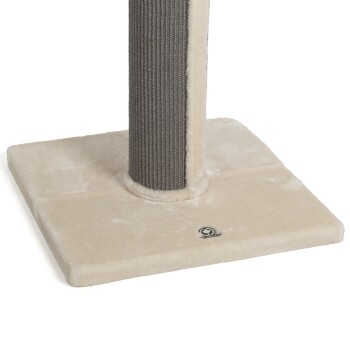 Kratzbaum für Katzen mit beigem Sockel und grauer, strukturierter Kratzfläche, mit einem weichen, plüschigen Material.