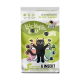 Un sac de nourriture pour animaux avec un chat noir de dessin animé, étiqueté "Lucky Lou Adult," présentant "Volaille & Insecte" et des icônes pour les avantages de qualité.