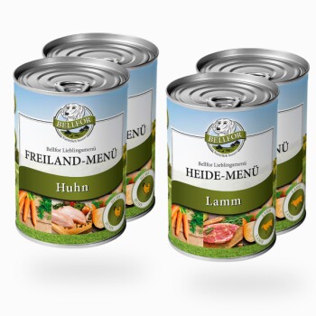 Starter-Paket Hundefutter Nass mit Huhn und Lamm - Freiland-Menü 2x400g + Heide-Menü 2x400g
