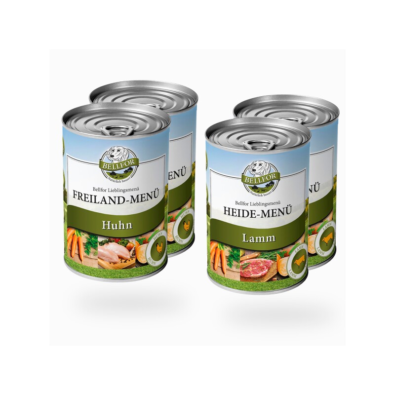 Bellfor Starter-Paket Hundefutter Nass mit Huhn und Lamm - Freiland-Menü 2x400g + Heide-Menü 2x400g