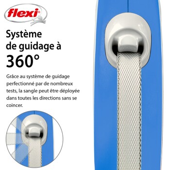 Laisse rétractable pour animaux bleue avec un système de guidage à 360°, dotée d'une sangle blanche et d'un mécanisme de libération circulaire.