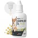 Nahaufnahme eines Hundesohres mit einer Pipette darüber, die Öl zeigt. Text: "Öl täglich im Ohr auftragen und einmassieren." Symbol für kein Zecken vorhanden.
