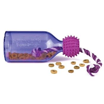 Ein lila und klares Haustierspielzeug in Flaschenform, mit einem stacheligen Gummideckel und einem Seil, mit Hundeleckereien, die darum verstreut sind.