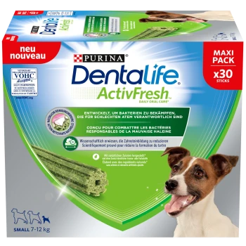 Purina Dentalife ActivFresh tägliche Mundpflege, Maxi-Pack mit 30 Sticks für kleine Hunde (7-12 kg), mit einem glücklichen Hund auf der Verpackung.