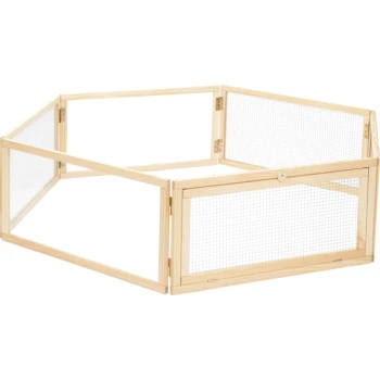 Wooden pet playpen with mesh panels, designed for small animals, featuring a hexagonal shape and a secure latch door.