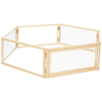 Wooden pet playpen with mesh panels, designed for small animals, featuring a hexagonal shape and a secure latch door.