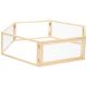 Wooden pet playpen with mesh panels, designed for small animals, featuring a hexagonal shape and a secure latch door.