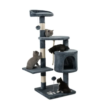 Ein grau-blauer mehrstöckiger Katzenbaum mit vier verspielten Kätzchen: zwei graue, eine schwarze und eine schwarz-weiße, die erkunden und klettern.