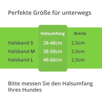 Größentabelle für Hundehalsbänder, die die Größen S, M und L mit Halsmaßen (28-60 cm) und Breite (2,5 cm) auflistet.