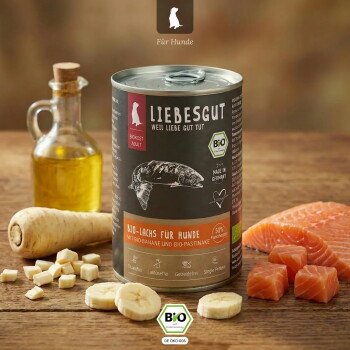 Dose LIEBESGUT Bio‑Hundefutter ‚Bio‑Lachs für Hunde‘ mit Lachswürfeln, Bananenscheiben, Pastinakenstücken und BIO‑Label.