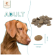 Wildfang Hundefutter für Erwachsene, mit Kibble-Stücken in verschiedenen Größen, mit einer Nahaufnahme eines einzelnen Stücks, das 14 mm mal 5 mm misst.