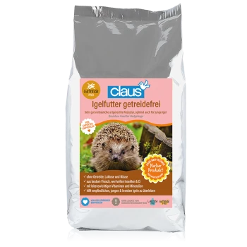 Verpackung für Claus getreidefreies Igel-Futter mit einem Igelbild, mit Text, der die Verdaulichkeit und natürlichen Zutaten hervorhebt.