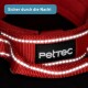 Rotes reflektierendes Haustiergeschirr mit einem schwarzen 'Pettec'-Logo, mit dem Text 'Sicher durch die Nacht' darüber.
