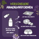 Lila Werbung: Flasche gießt in Glas mit Pfeilen zu Schleckmatte, Schleckball und Futternapf; Text 'Verschiedene Anwendungsformen'.