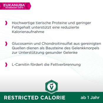 EUKANUBA Veterinärdiäten Bild, das hochwertige Proteine, Glucosamin und L-Carnitin für Gelenkunterstützung und Fettverbrennung hervorhebt.