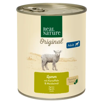 Boîte de nourriture pour chien Real Nature étiquetée 'Original' pour adultes, contenant de l'agneau avec des pommes de terre et de l'huile de maïs, illustrée avec un agneau.