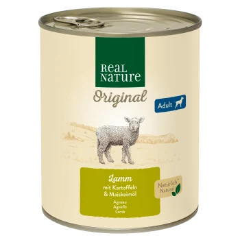 Dose mit Real Nature Hundefutter, gekennzeichnet mit 'Original' für Erwachsene, mit Lamm, Kartoffeln und Maisöl, illustriert mit einem Lamm.