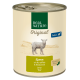 Dose mit Real Nature Hundefutter, gekennzeichnet mit 'Original' für Erwachsene, mit Lamm, Kartoffeln und Maisöl, illustriert mit einem Lamm.